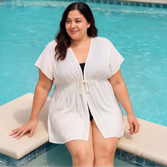Other - Plus Size XXL-XXXL Sheer Swim Cover-Up Neutral Striped Drawstring Beachwear